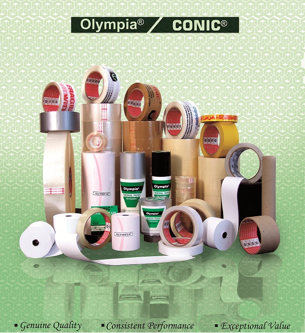 The complete Olympia / Conic range of adhesive tapes, thermal paper rolls, labels and cores